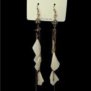Elegant Off White and Gold Feathered Dangle Earrings